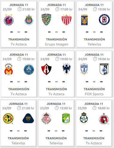 Calendario de la jornada 11 del futbol mexicano apertura 2016